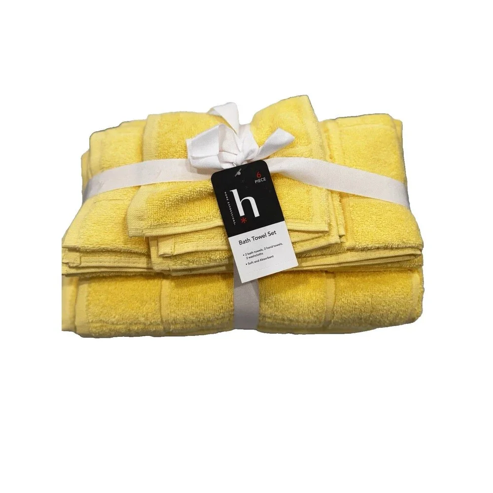 Home Expressions 6 Piece Bath Towel Set 100% Cotton Island Yellow NEW